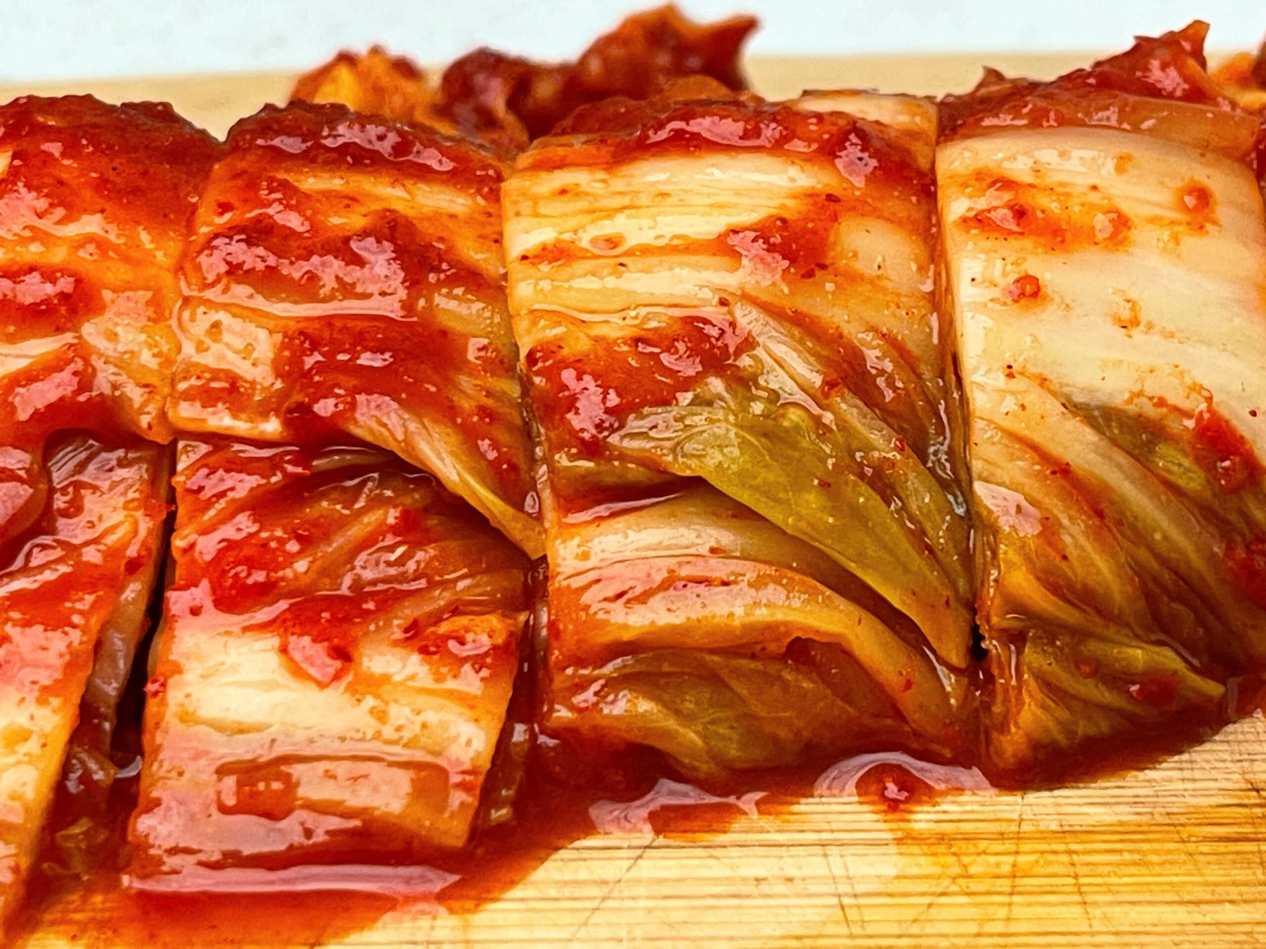 Sliced kimchi on a cutting board