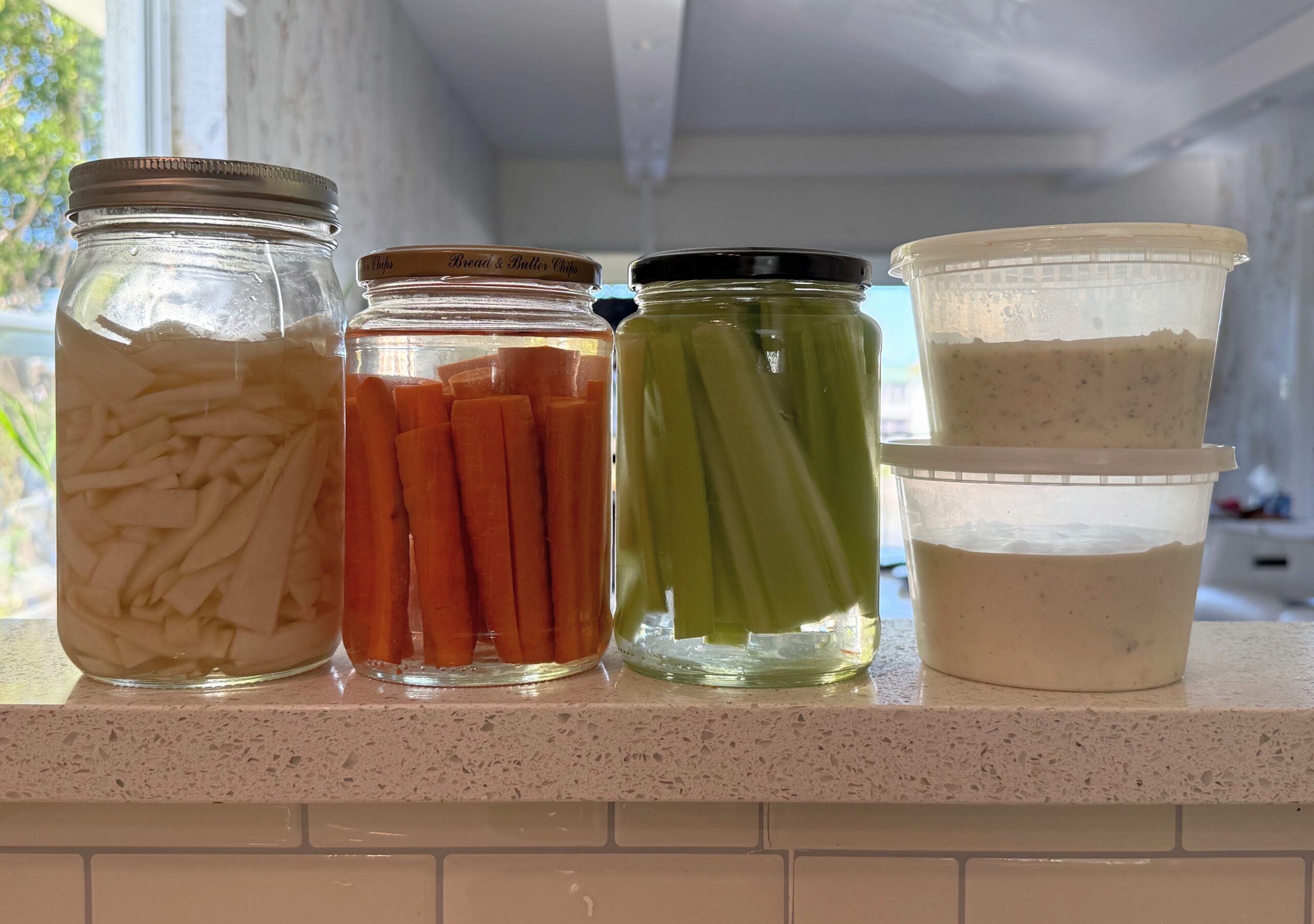 carrots celery radish pickles with blue cheese and ranch dips