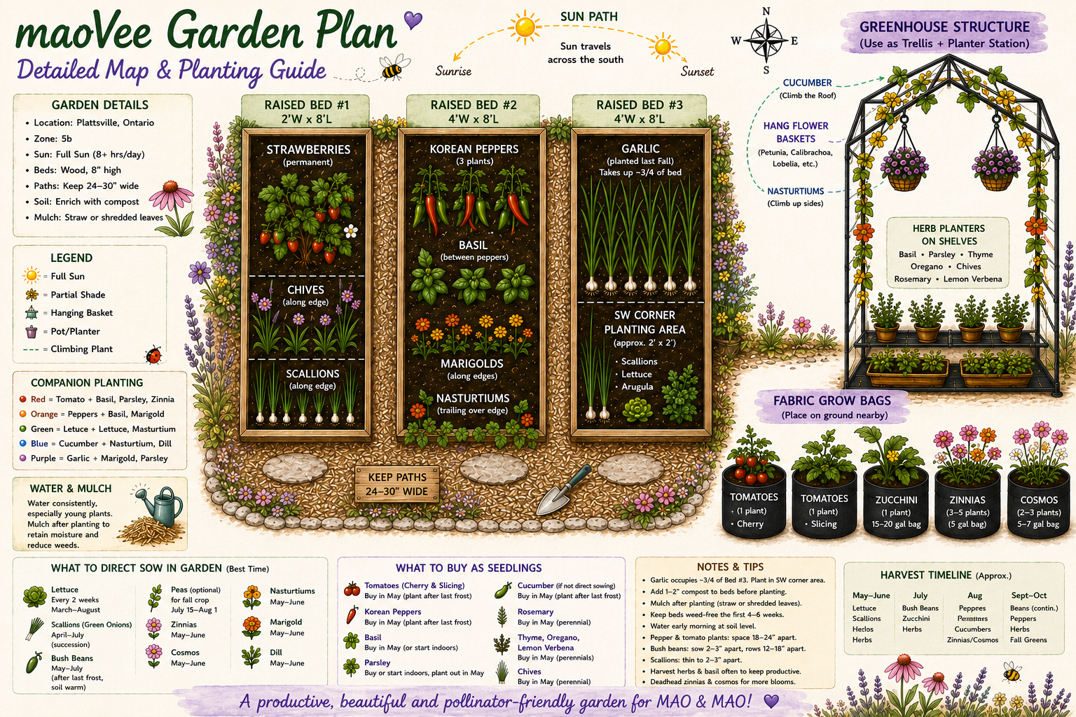 maoVee Garden Plan map and planting guide showing three raised beds, greenhouse, and fabric grow bags Plattsville, Ontario