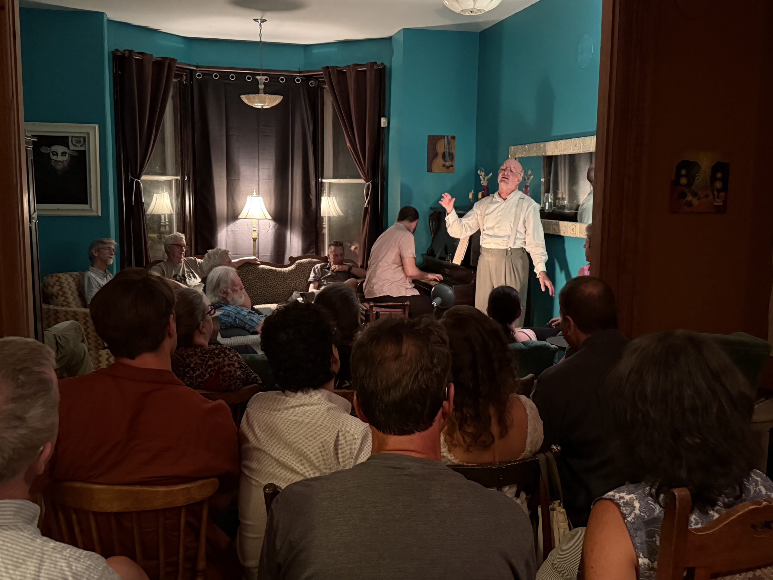 Michael Louis Johnson performing Half Moon Half Crazy in an intimate living room concert, Stratford, with pianist Jack Wyndham