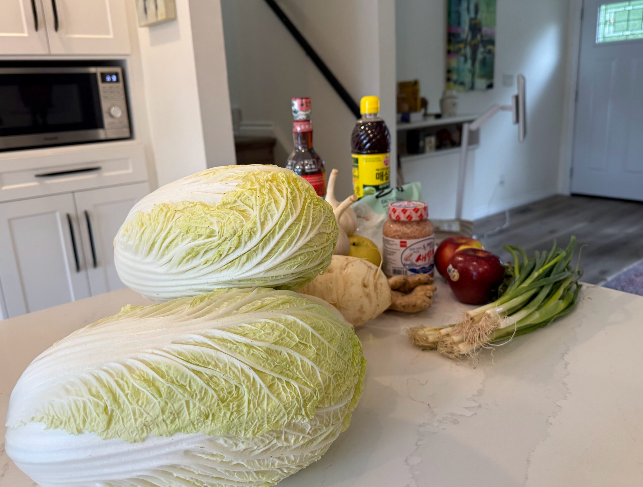 Two heads of Napa cabbage with Korean kimchi ingredients - radish, ginger, green onions, salted shrimp, plum extract and fish sauce on a kitchen counter