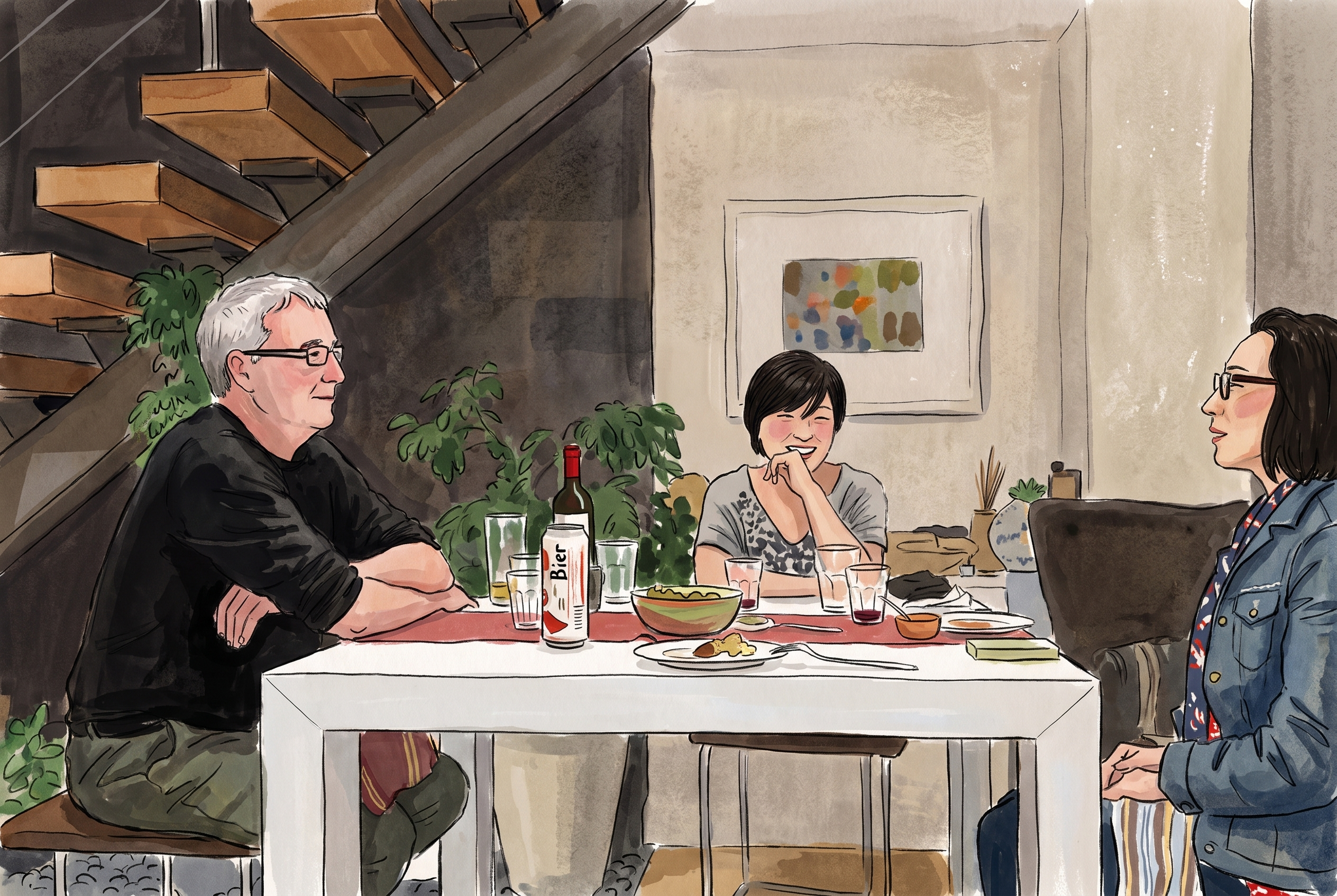 Illustrated watercolor style artwork of three people sharing a meal at a table - an AI remix of a photo by Codrin
